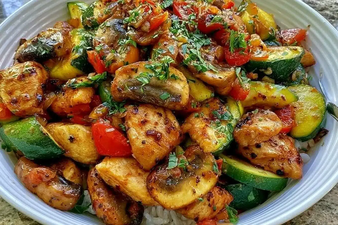 Zucchini Mushroom Chicken Stir Fry served in a bowl with colorful vegetables