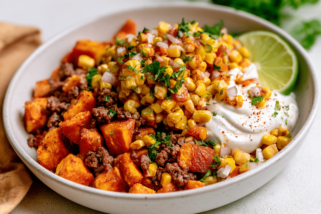 A beautifully plated gluten free street corn sweet potato beef bowl with roasted sweet potatoes, seasoned ground beef, and a vibrant corn topping, garnished with fresh herbs and a lime wedge.