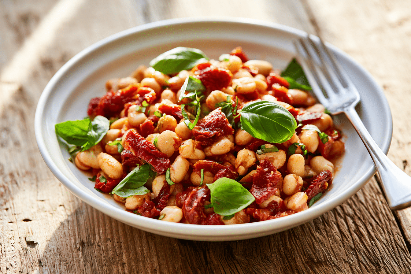 A beautifully plated gluten-free sun-dried tomato dense bean salad, garnished with fresh basil leaves, on a rustic wooden table. The salad is in a white ceramic bowl, with a fork resting beside it. Natural light illuminates the scene.