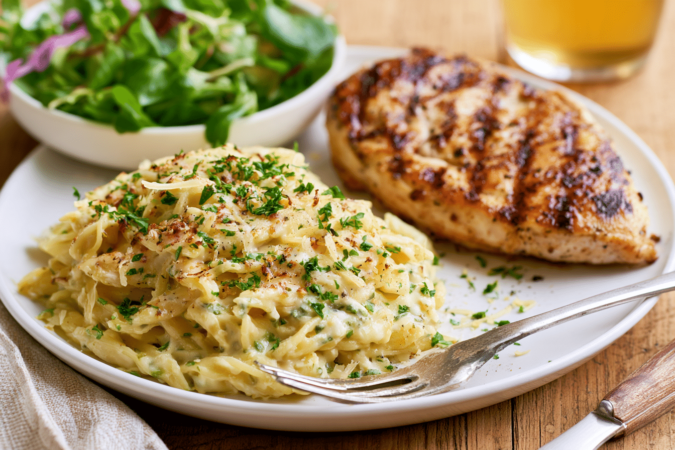 A beautifully plated gluten-free yogurt pasta dish next to a side of grilled chicken and a small green salad, suggesting a balanced and complete meal.