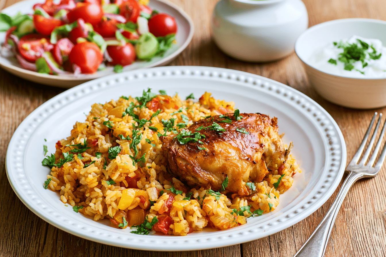 A beautifully plated serving of one-pot chicken and rice, garnished with fresh herbs, alongside a small side salad and a dollop of Greek yogurt.