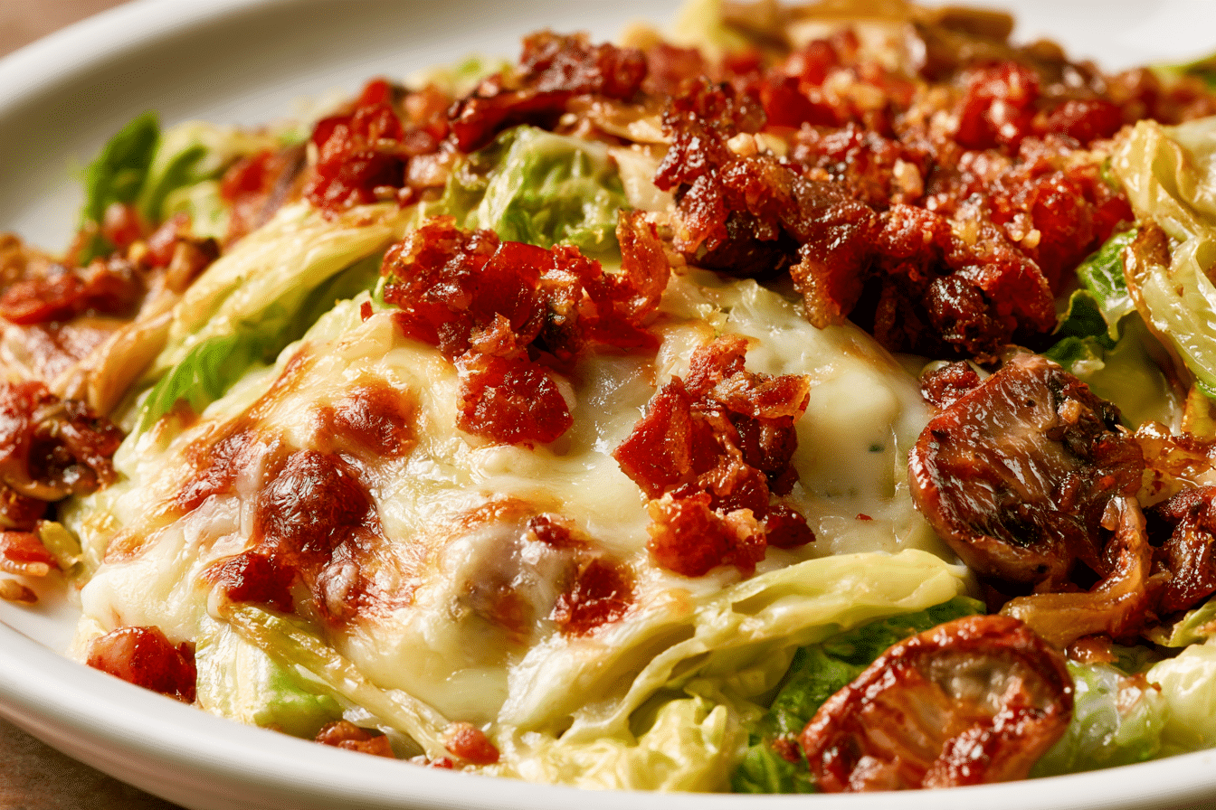 A close-up of melting cabbage parmesan with visible add-ins like crumbled bacon and sautéed mushrooms, showcasing various flavor variations.