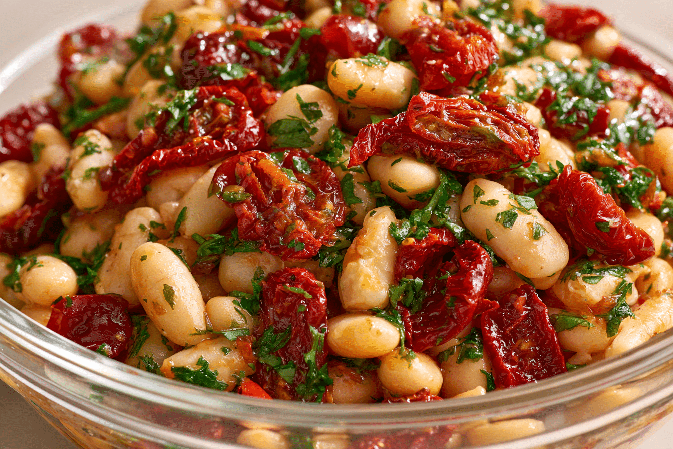 A close-up shot of a vibrant sun-dried tomato and bean salad, with visible rehydrated sun-dried tomatoes and fresh herbs. The salad is in a glass bowl, showcasing its rich colors and textures.