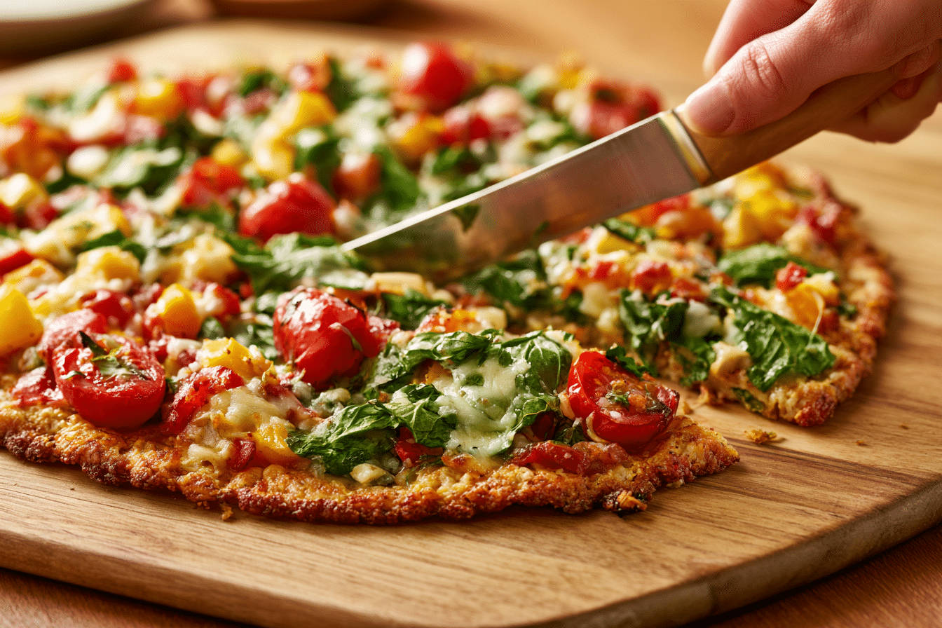 A perfectly cooked gluten-free chicken crust pizza, golden brown and firm, with vibrant toppings, being sliced on a wooden board