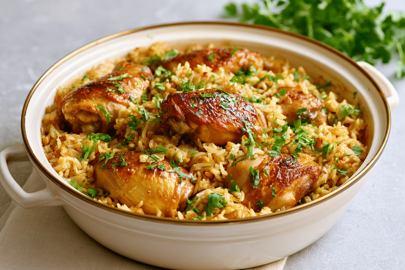 A perfectly cooked one-pot chicken and rice dish in a rice cooker pot, garnished with fresh herbs.