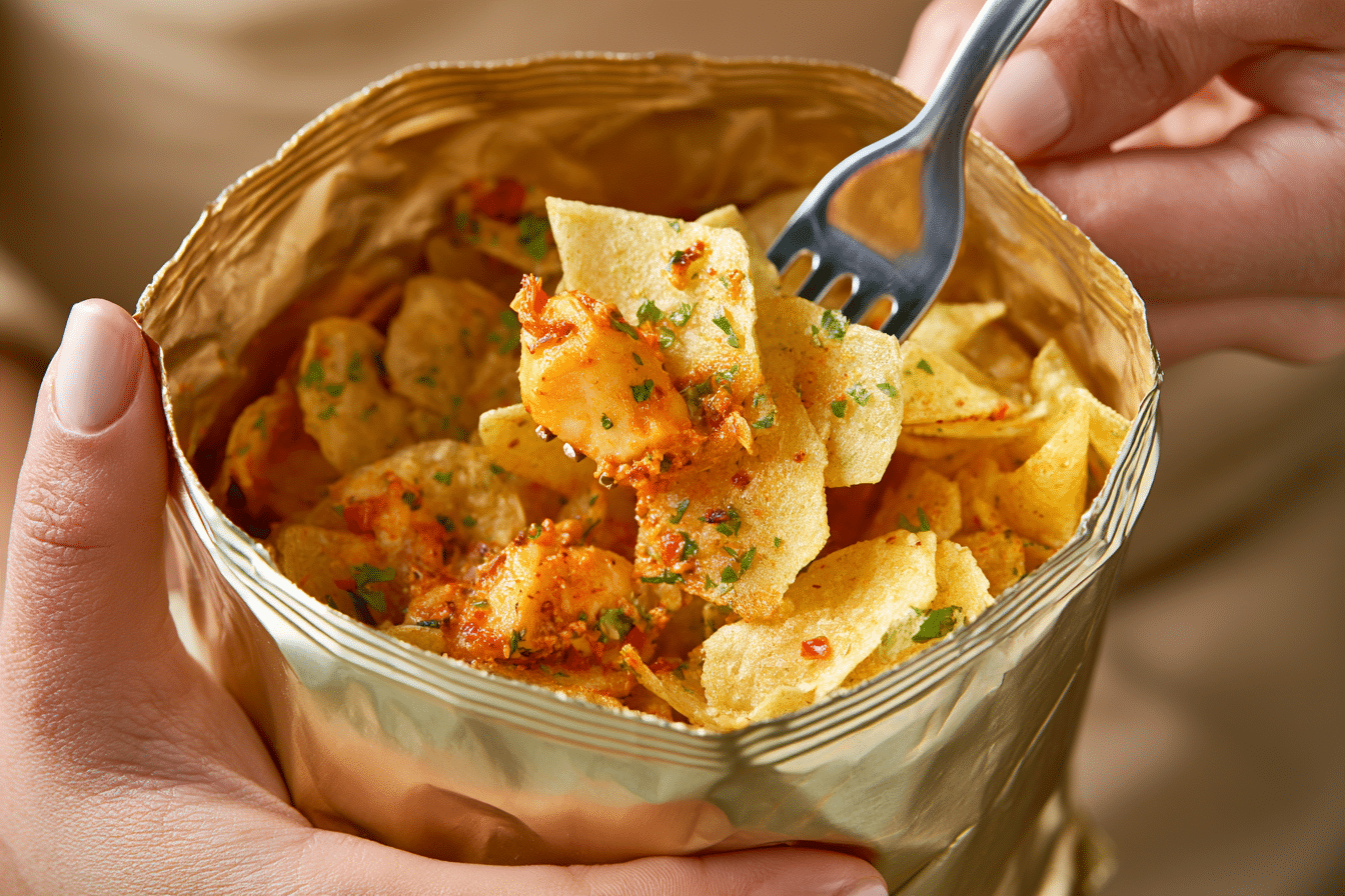 A person holding an open chip bag filled with a mixed chicken and dressing mixture, ready to eat, with a fork inside.
