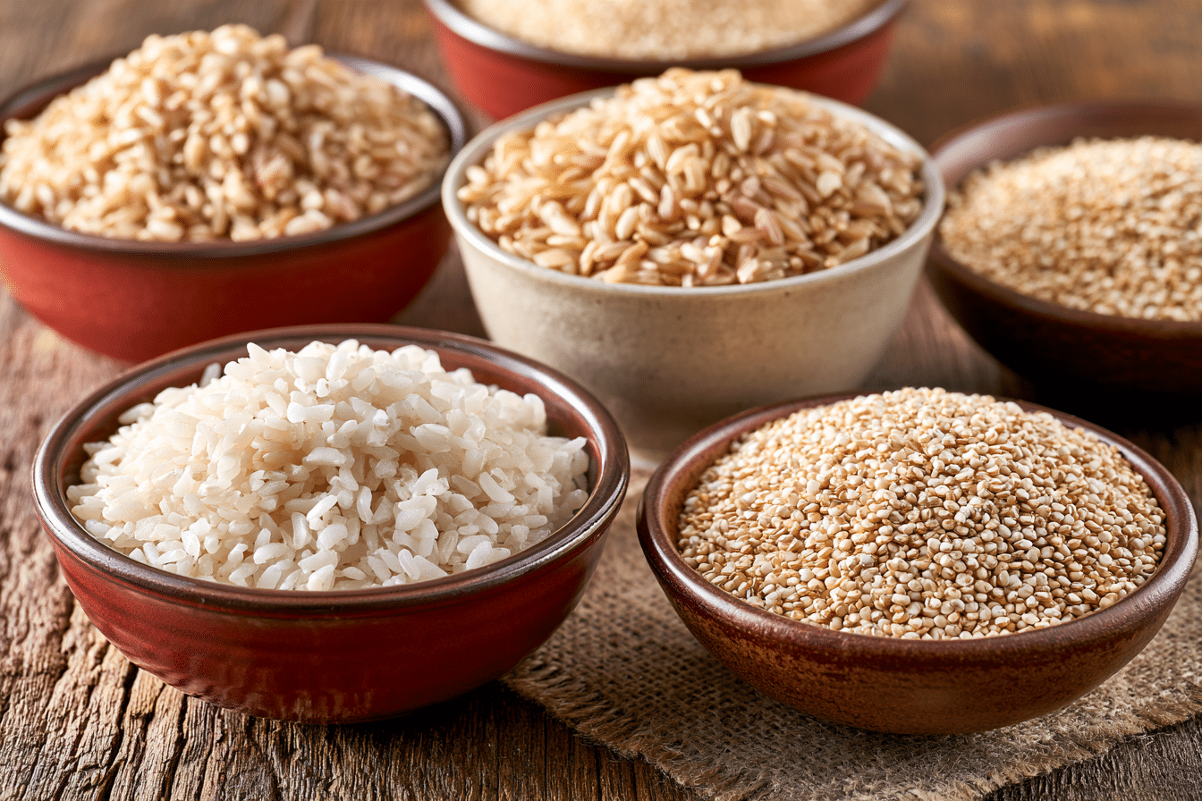 A variety of gluten-free grains, such as white rice, brown rice, and quinoa, displayed in separate small bowls, ready to be chosen as a meal base.
