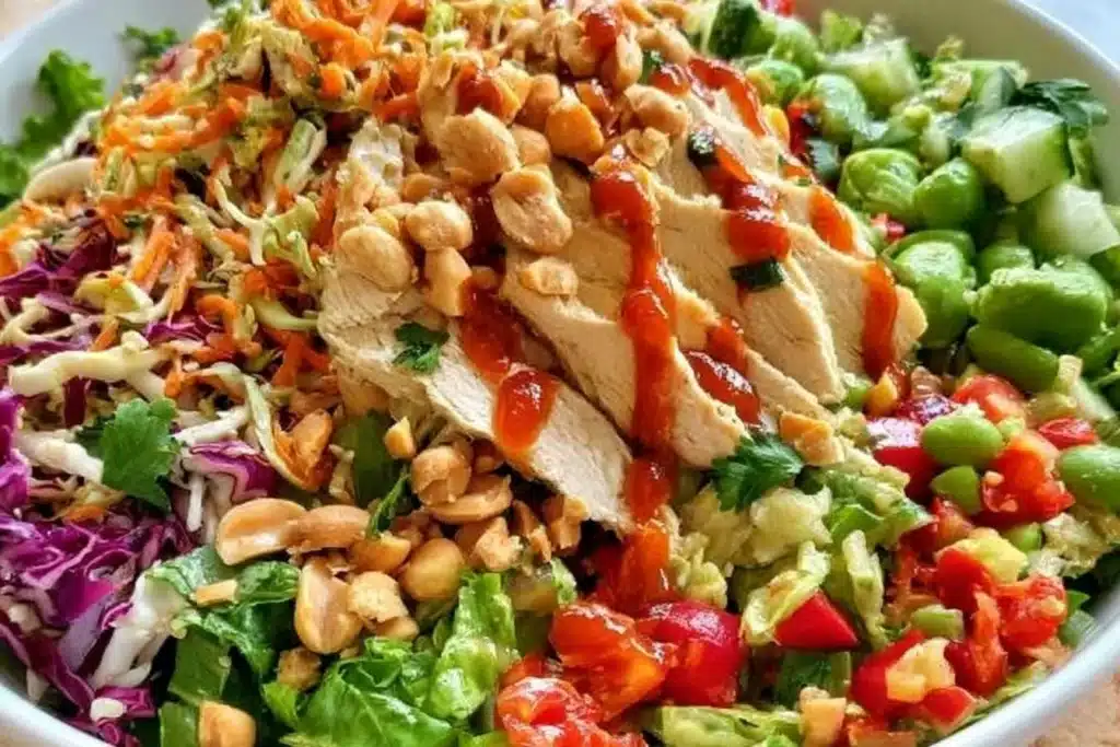 Delicious Asian Chicken Crunch Salad with colorful veggies and crunchy toppings