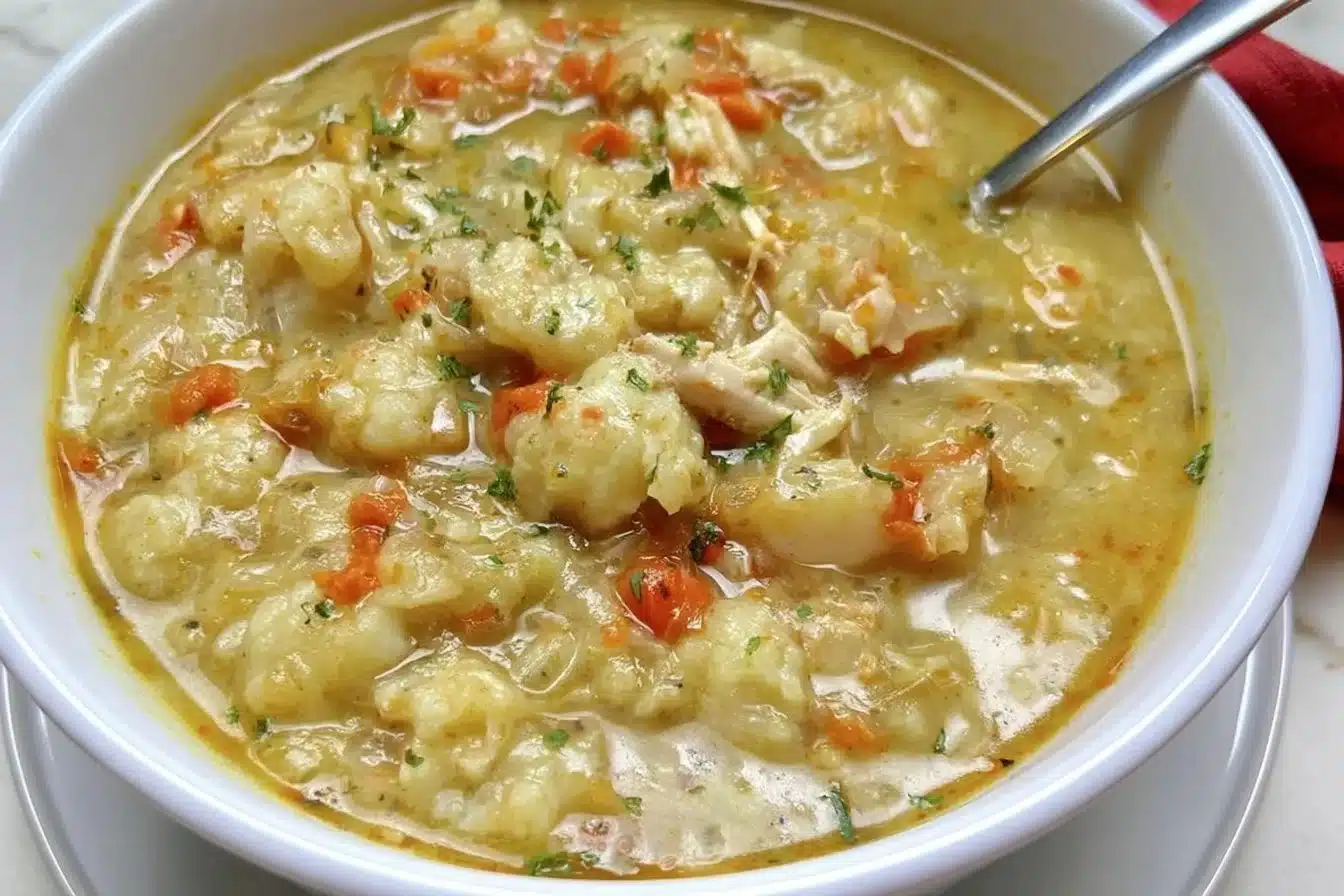 Bowl of creamy Cauliflower Chicken Soup garnished with herbs.