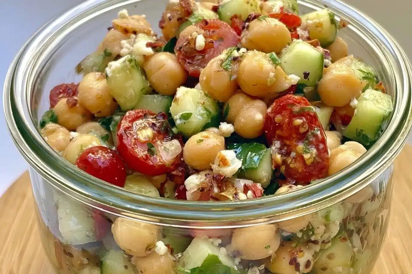 Chickpea cucumber salad in a bowl with fresh vegetables and dressing.