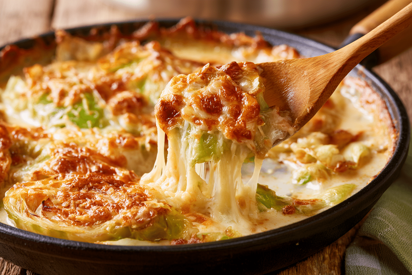 Close-up of a skillet filled with melting cabbage parmesan, with melted cheese and a creamy sauce. A wooden spoon is scooping a portion. The background is a rustic kitchen counter.
