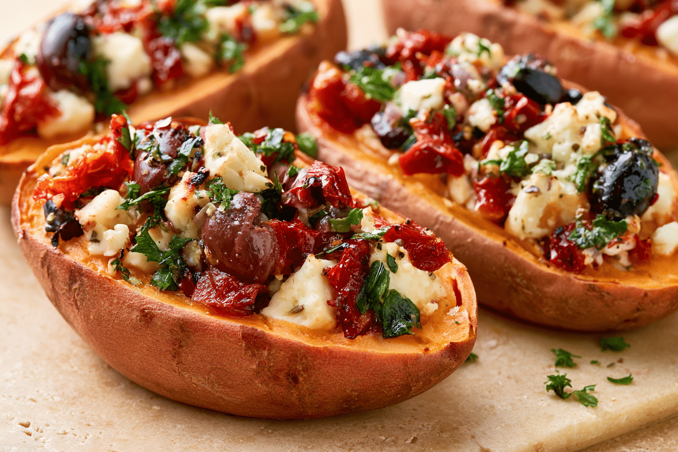 Close-up of a sweet potato stuffed with feta, olives, sun-dried tomatoes, and herbs, showcasing a Mediterranean theme