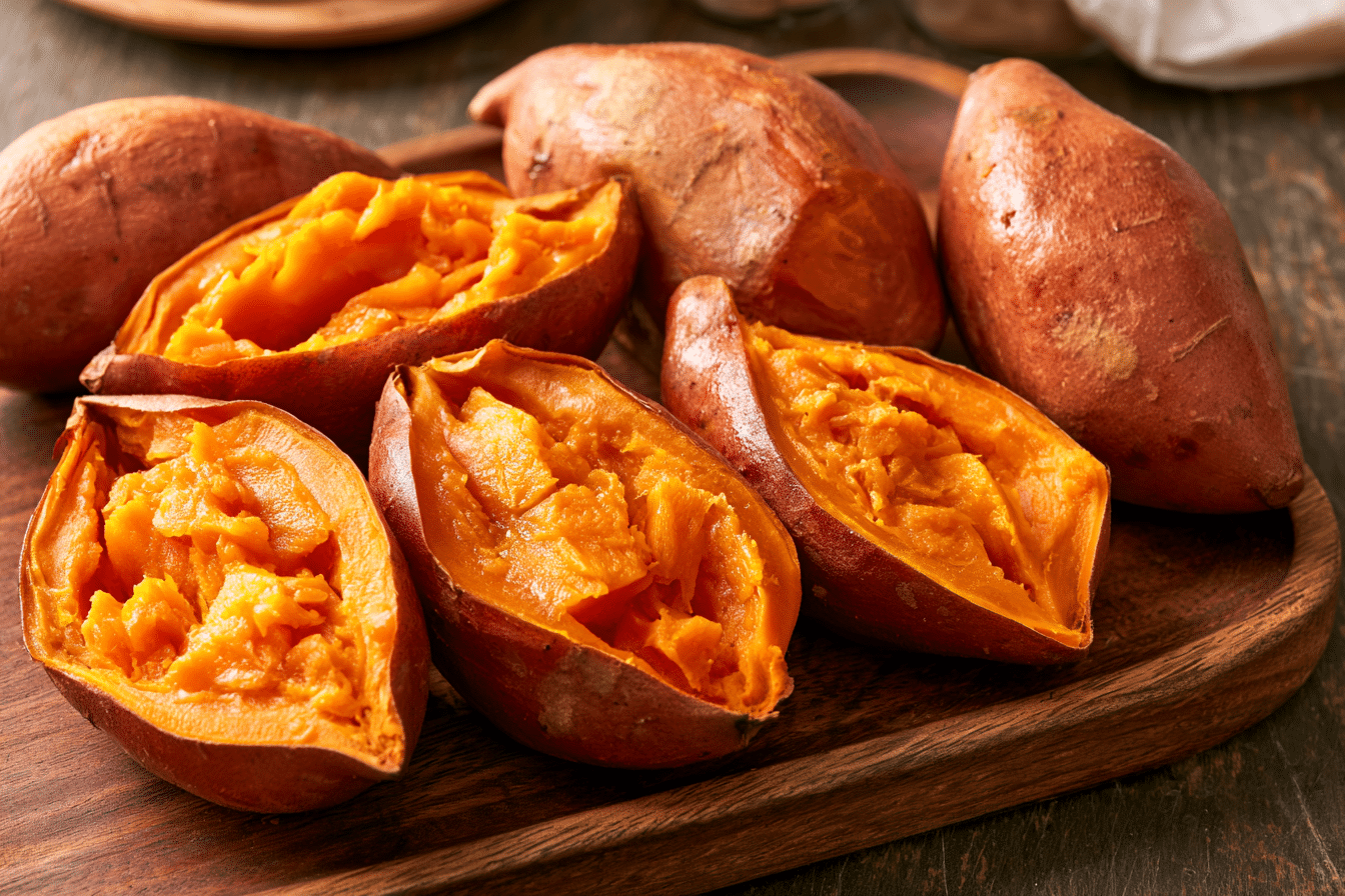 Close-up of perfectly baked sweet potatoes, some sliced open to show their fluffy interior, ready for stuffing