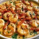 Creamy garlic shrimp served in a bowl for a quick one pot dinner.