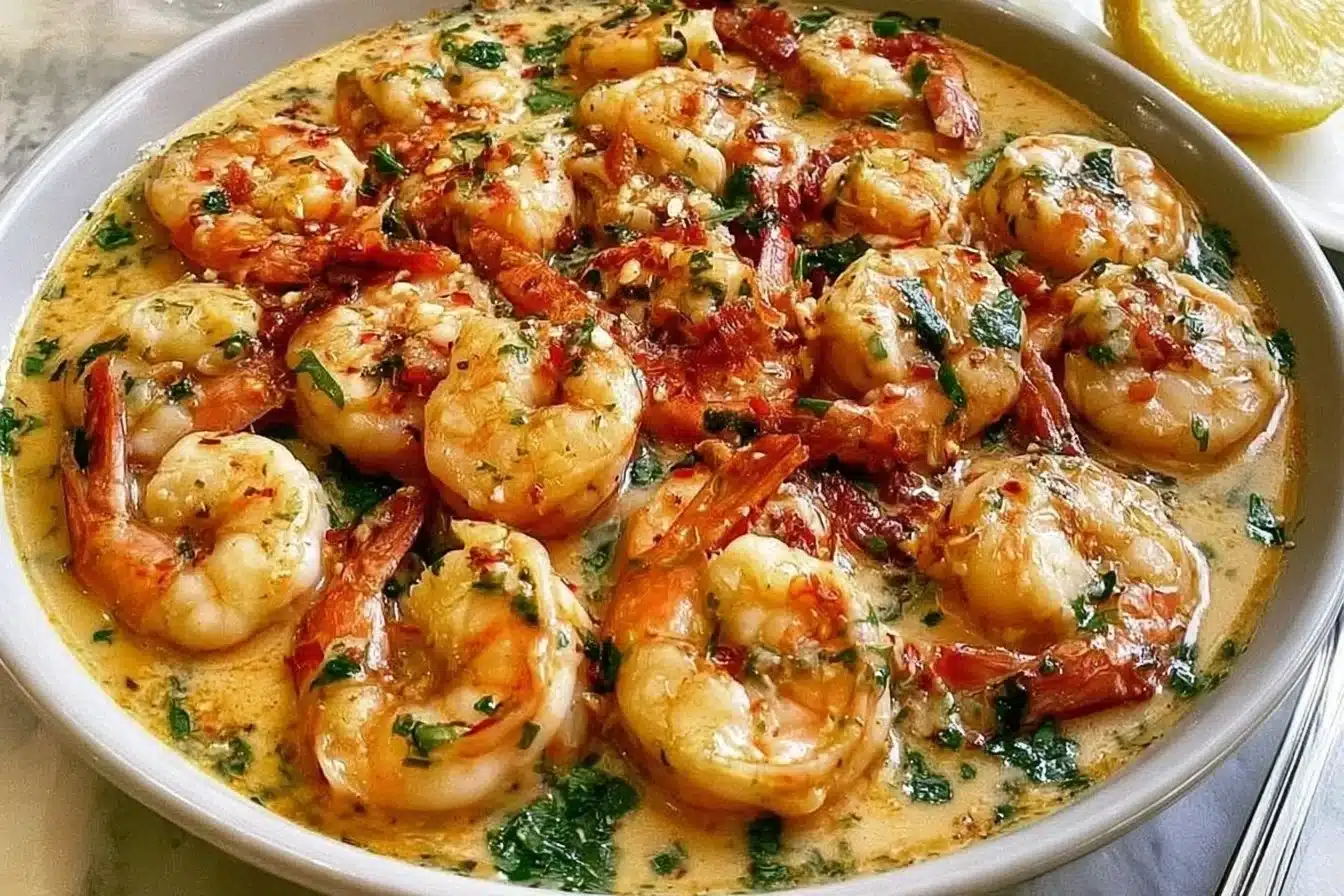 Creamy garlic shrimp served in a bowl for a quick one pot dinner.