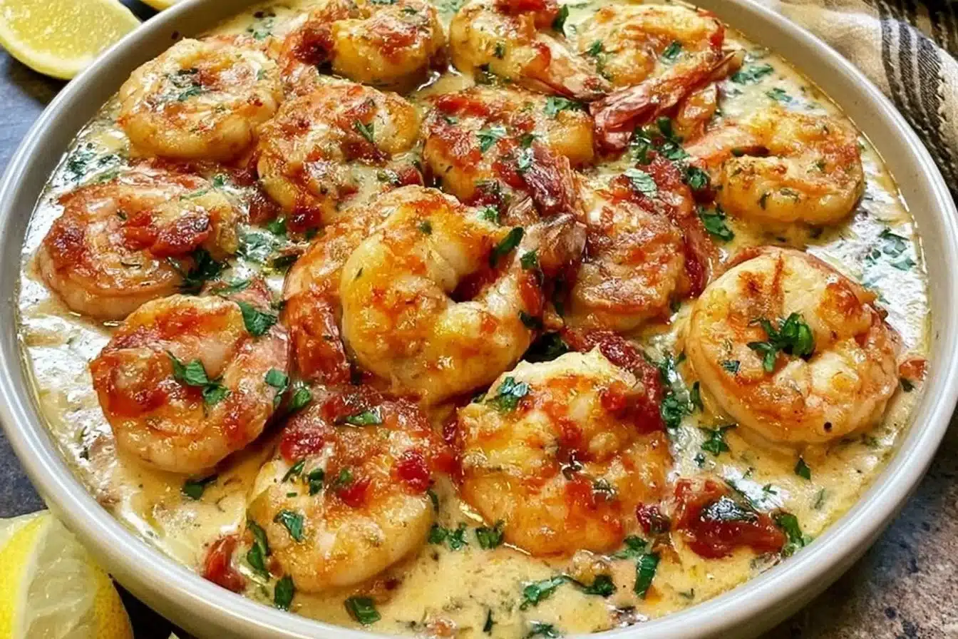 Creamy garlic shrimp served on a plate with fresh herbs and pasta