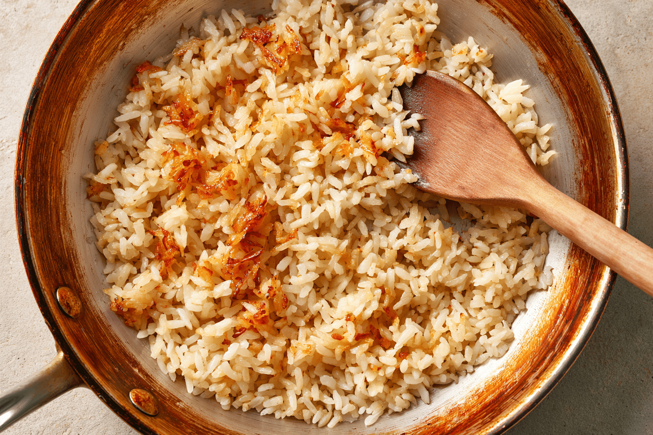 Crispy, golden-brown rice in a skillet, with some grains already flipped to show both sides