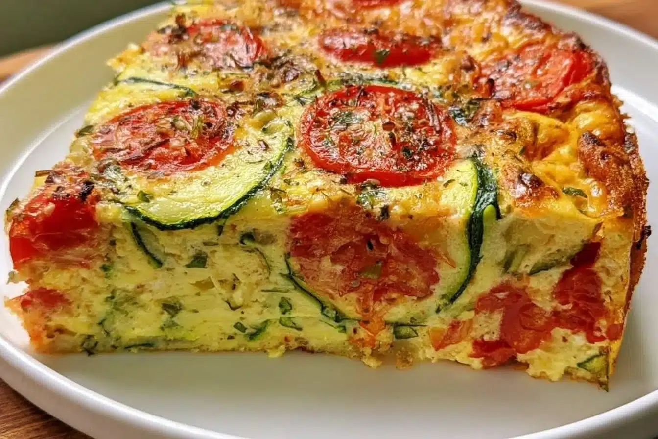 Crustless zucchini tomato quiche served on a rustic wooden table.