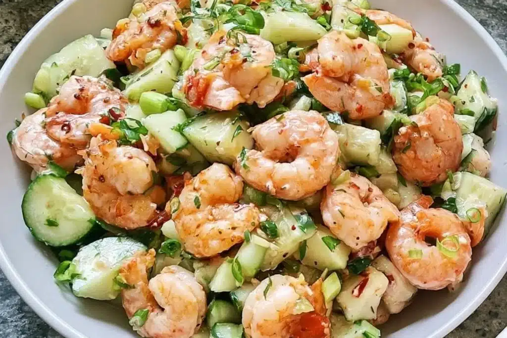 Delicious Cucumber Shrimp Salad served in a bowl with fresh ingredients