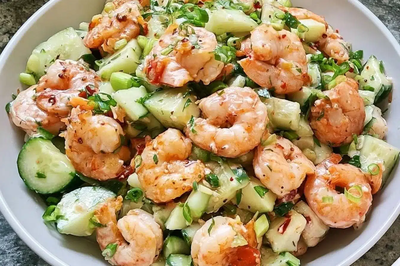 Delicious Cucumber Shrimp Salad served in a bowl with fresh ingredients