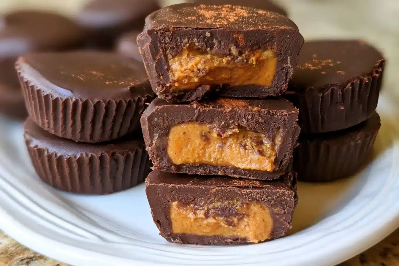 Dairy-free chocolate pumpkin butter cups garnished with pumpkin seeds