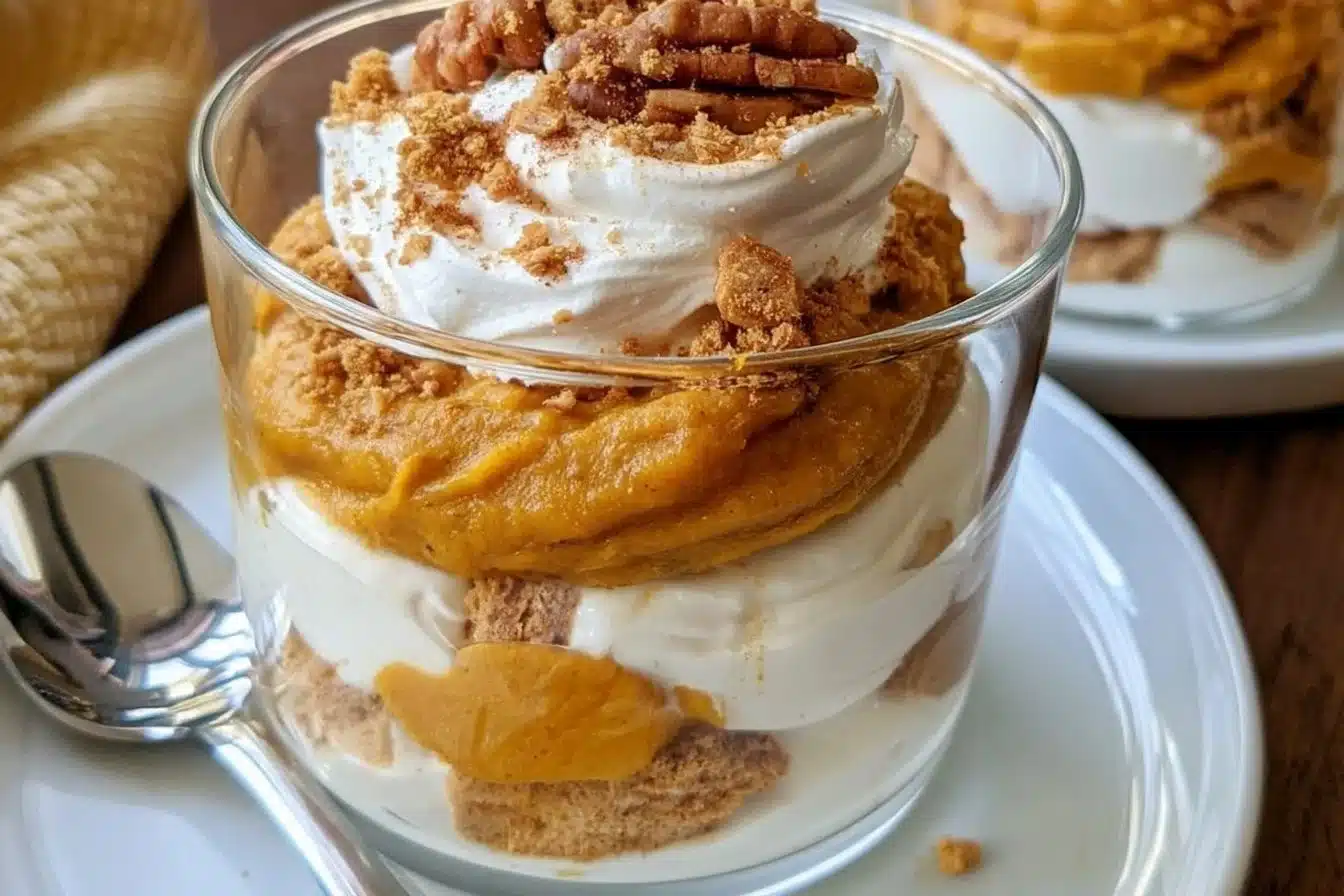 Delicious gluten-free dairy-free pumpkin trifle layered with creamy filling and spices