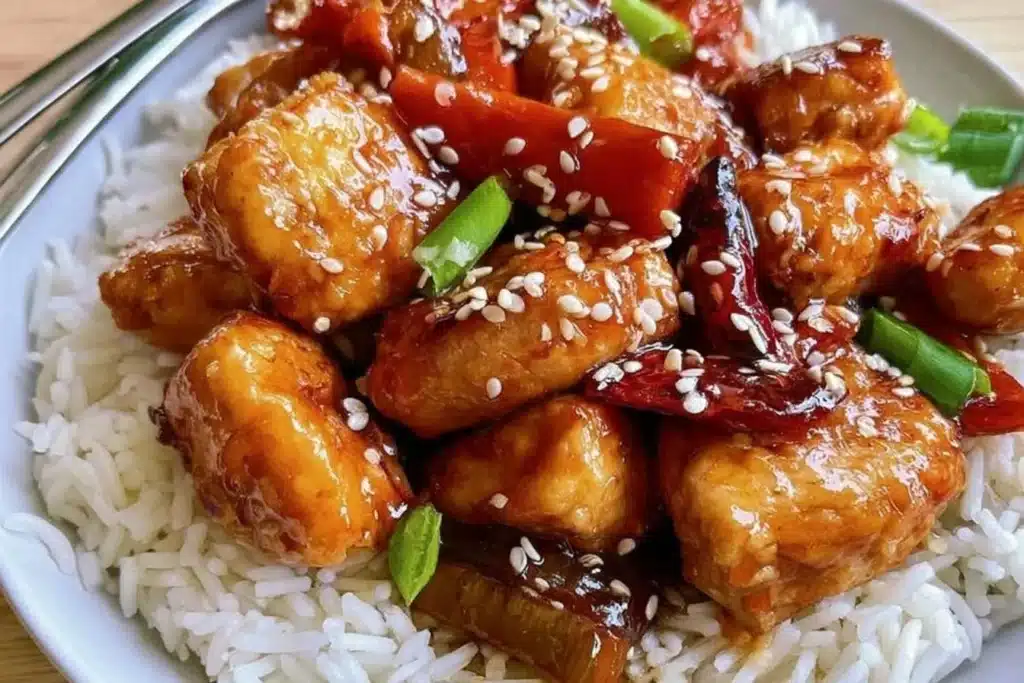 Healthy sesame chicken dish garnished with sesame seeds and vegetables
