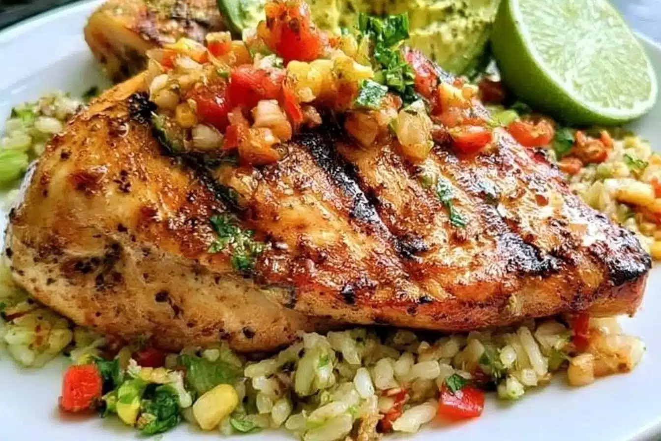 Fiesta Lime Chicken served with lime wedges and fresh herbs on a plate.