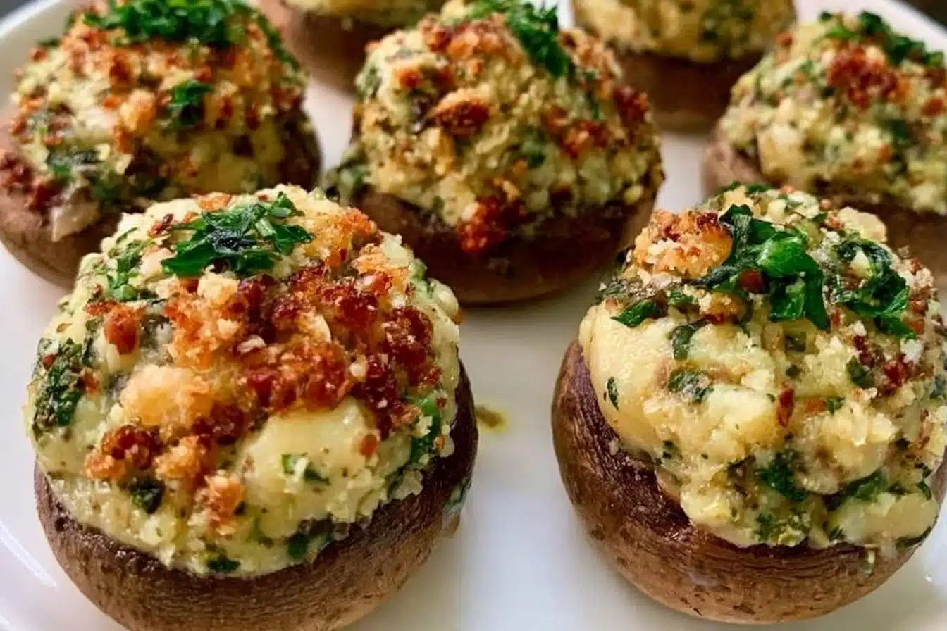 Platter of dairy free appetizers including stuffed mushrooms and veggie bites