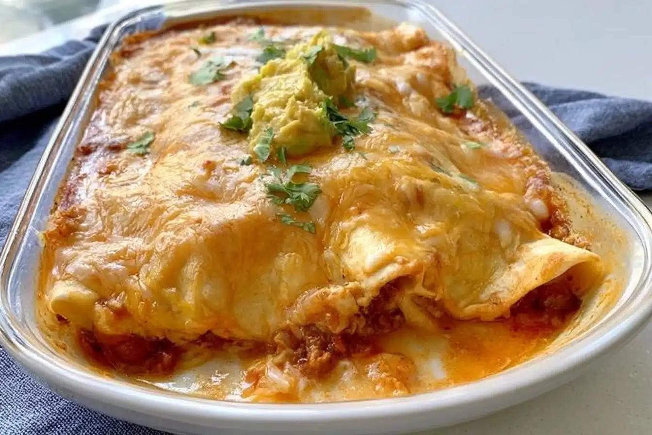 Plate of gluten-free enchiladas topped with fresh garnishes and sauces.