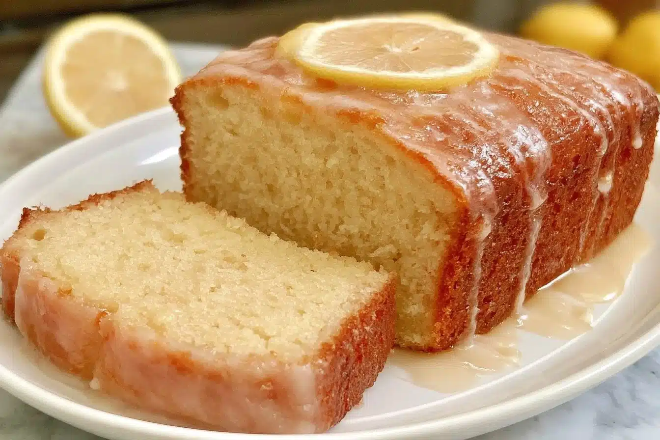 Delicious gluten-free lemon loaf slice on a plate with lemon slices