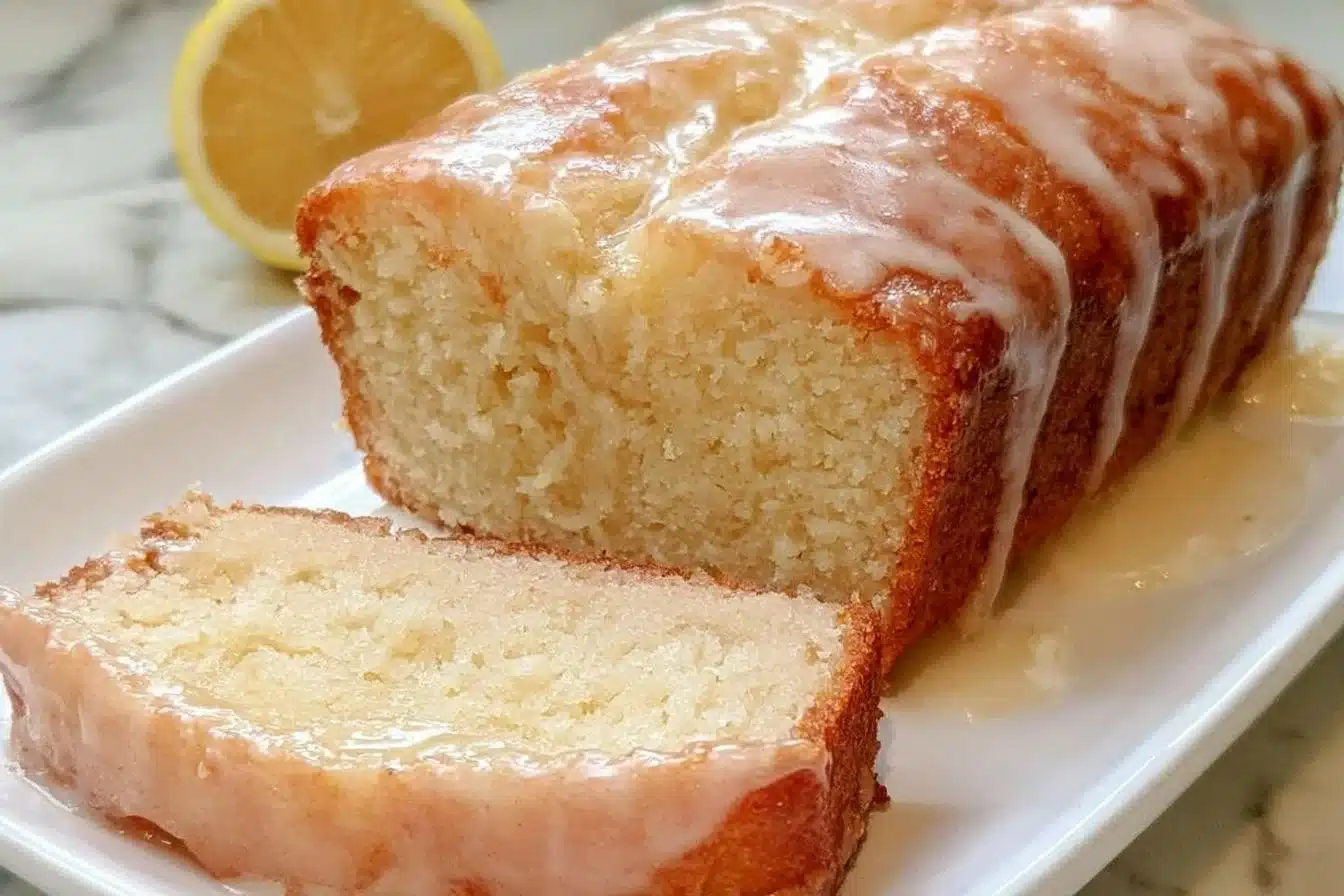 Gluten-free lemon loaf with glaze on a rustic wooden table