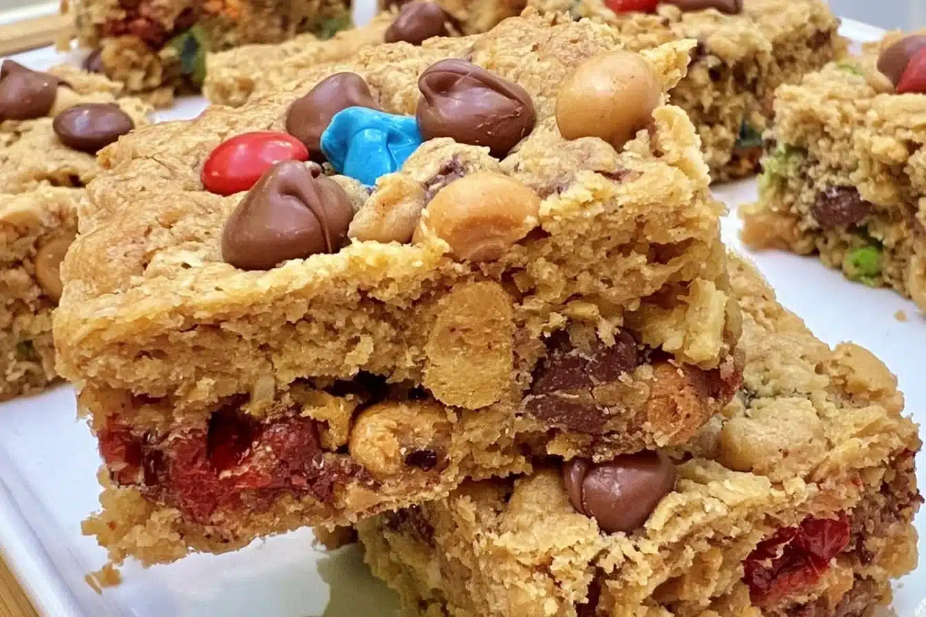 Gluten-free monster cookie bars fresh out of the oven, topped with chocolate chips and M&Ms.