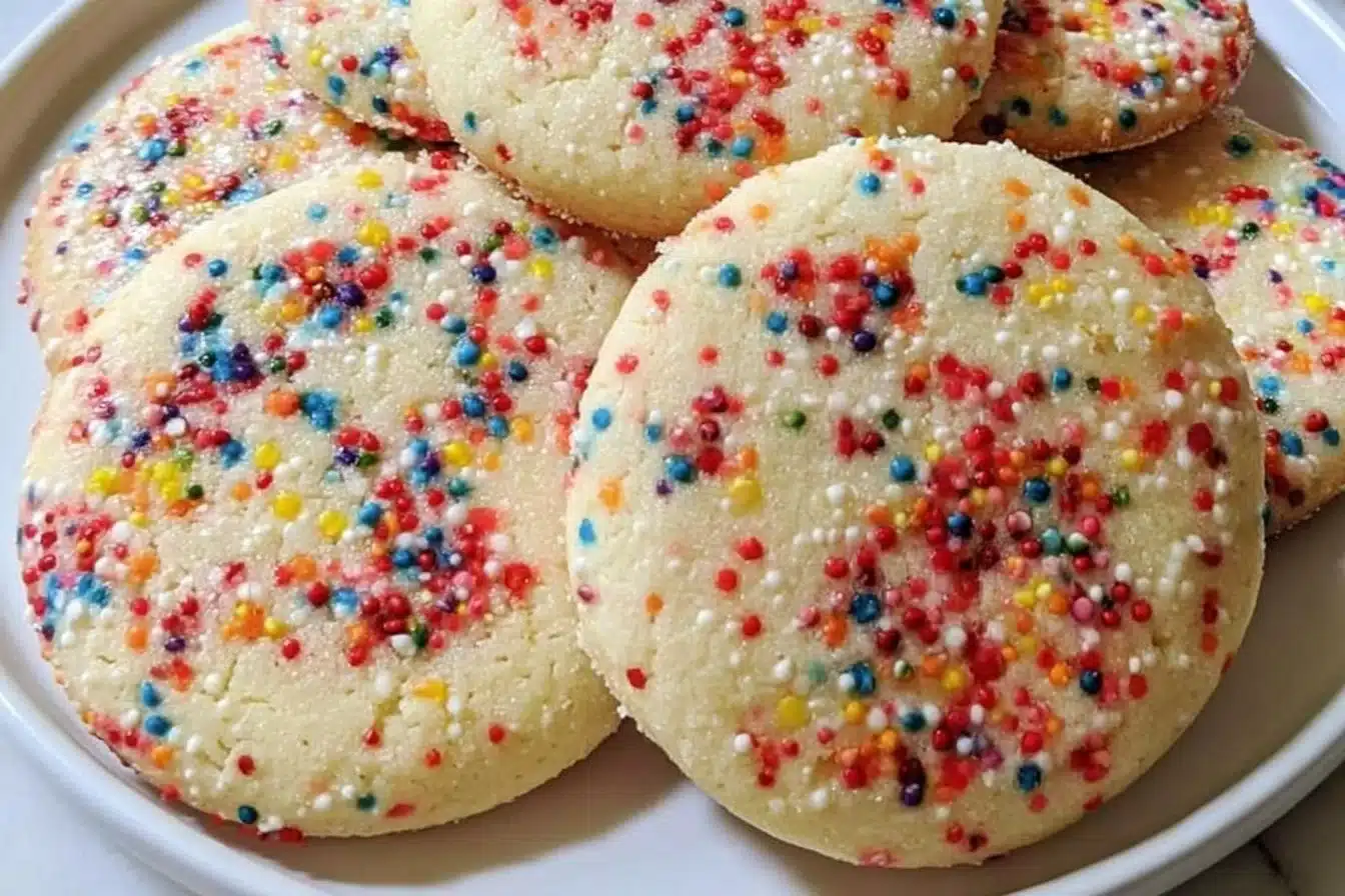Gluten free sprinkle sugar cookies on a plate, ready to enjoy.