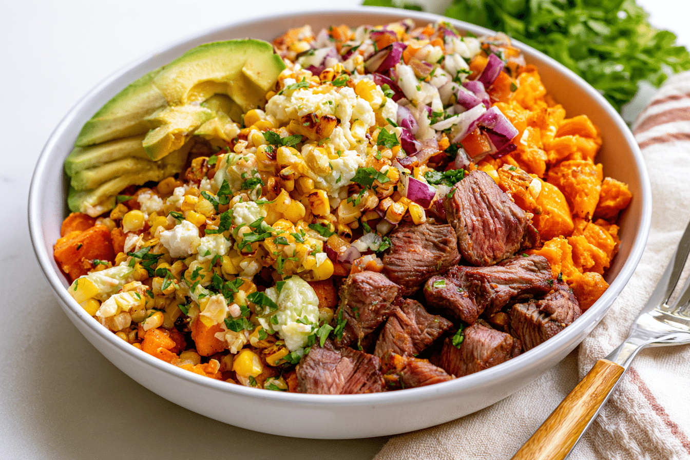 Gluten-Free Street Corn Sweet Potato Beef Bowl Recipe