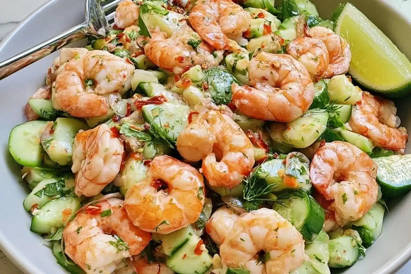Healthy cucumber shrimp salad served in a bowl with fresh toppings