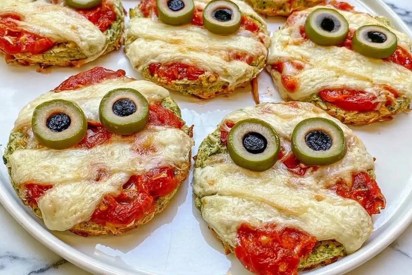 Healthy Halloween mummy pizzas, gluten-free and quick to prepare