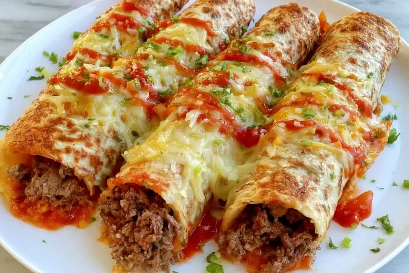 Plate of crispy Keto Beef Taquitos with toppings