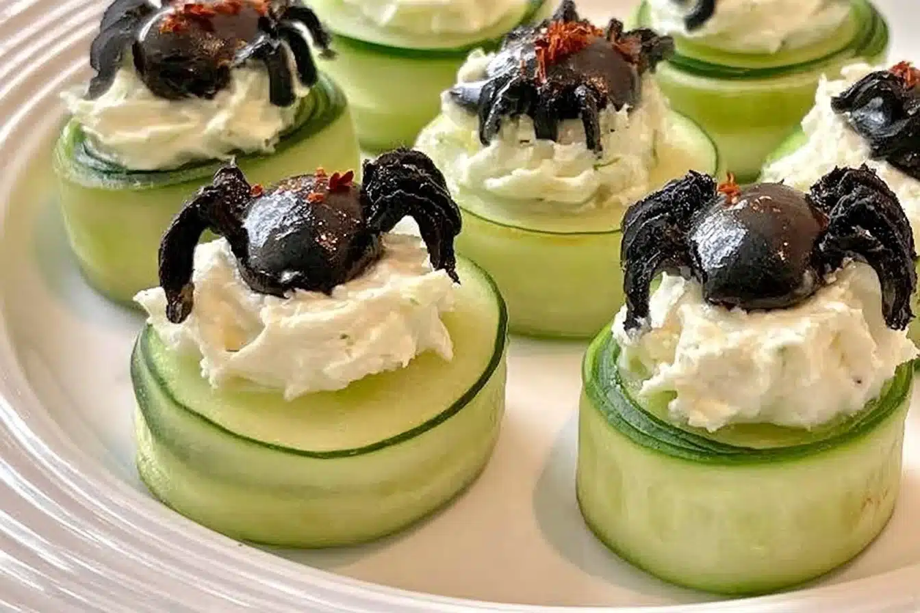 Halloween Keto Cucumber Spider Bites decoration on a platter