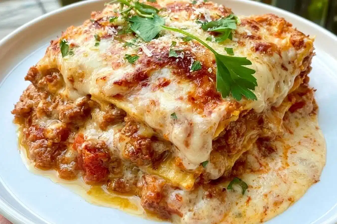 Delicious homemade Keto Lasagna with layers of cheese and meat