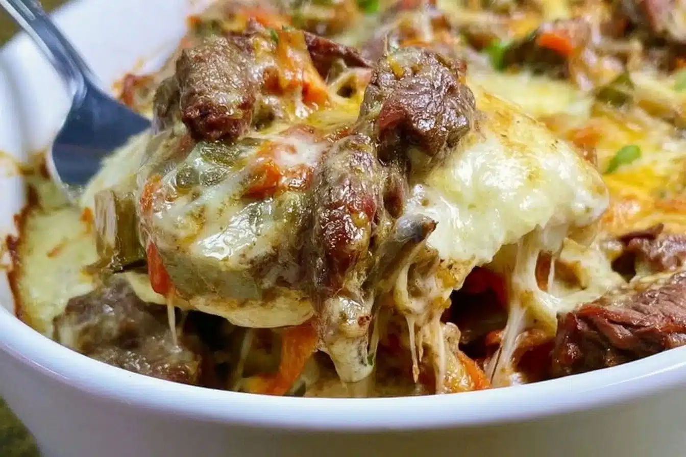 Keto Philly Cheese Steak Casserole with melted cheese and steak slices