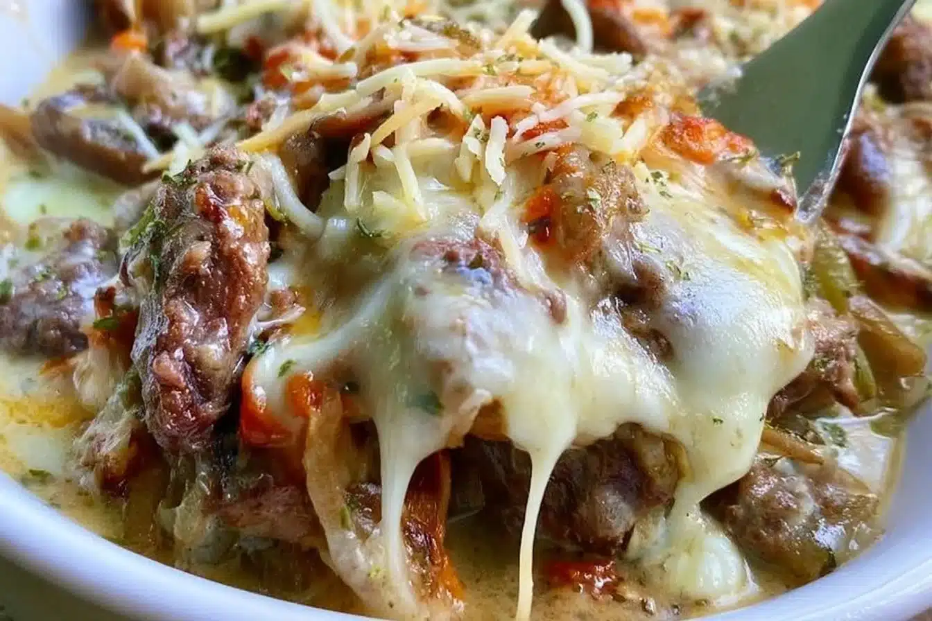 Keto Philly Cheese Steak Casserole in a baking dish topped with melted cheese