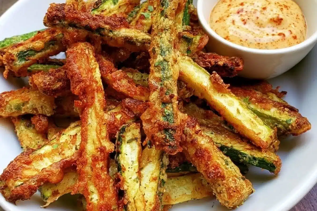 Crispy keto zucchini fries served with dipping sauce on a plate