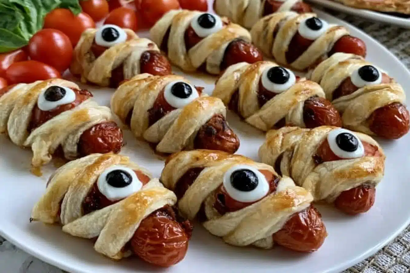 A platter of fun Halloween party food for kids including spooky snacks and treats.