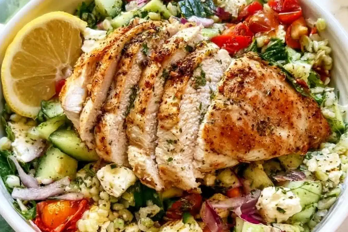 Lemon Herb Greek Chicken Bowls with fresh vegetables and grains