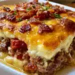 Low-carb bacon cheeseburger casserole baked with cheese, bacon, and ground beef