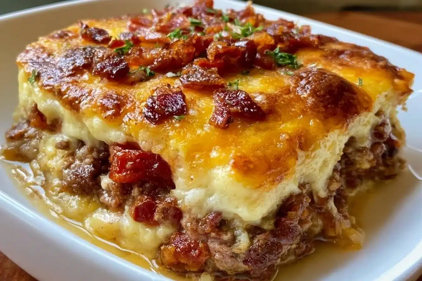Low-carb bacon cheeseburger casserole baked with cheese, bacon, and ground beef