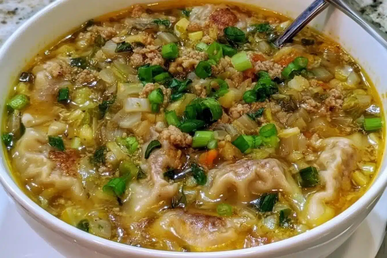Bowl of Potsticker Soup with dumplings and vegetables