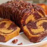 Vegan pumpkin marble cake sliced on a plate, decorated with fall leaves.