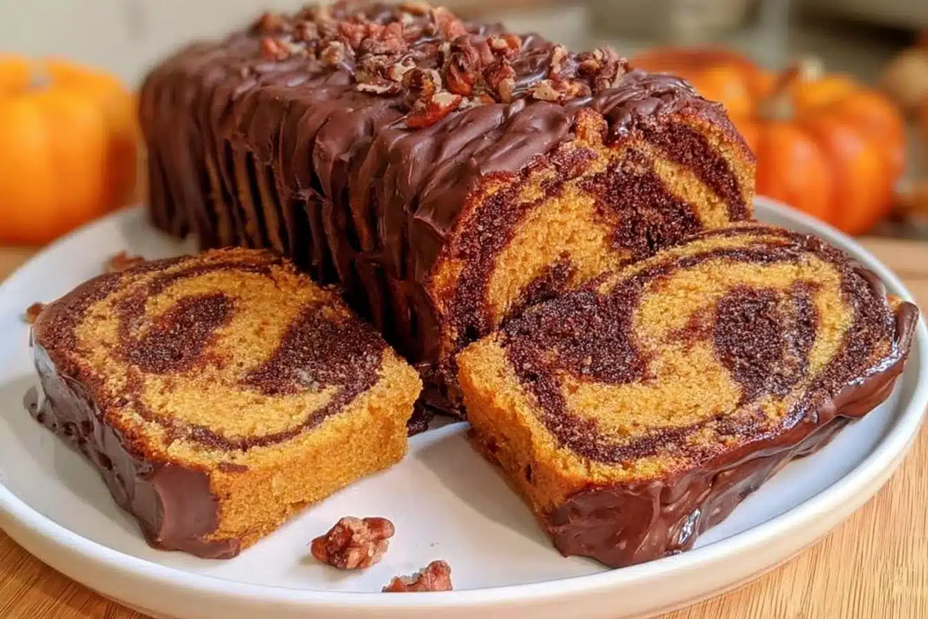 Vegan pumpkin marble cake sliced on a plate, decorated with fall leaves.